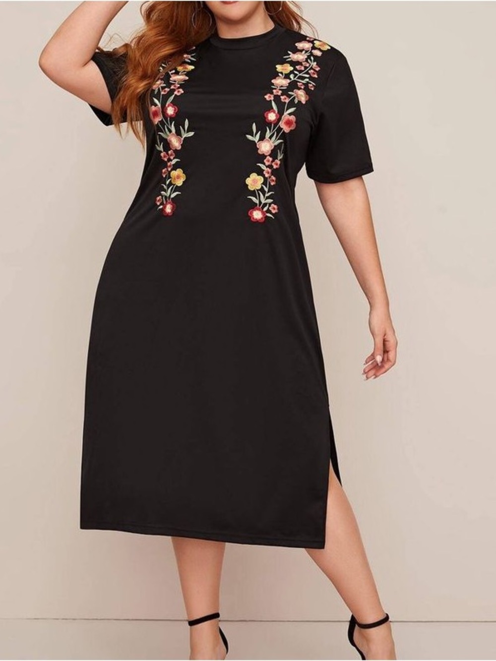 Black Faux Embroidered Floral Maxi Dress